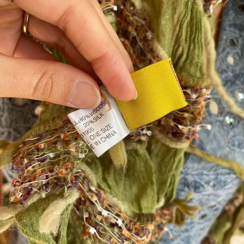 Vintage 90s Y2K Scala Collezione Textured Fringe Scarf Olive‎ Green Boho Crinkle